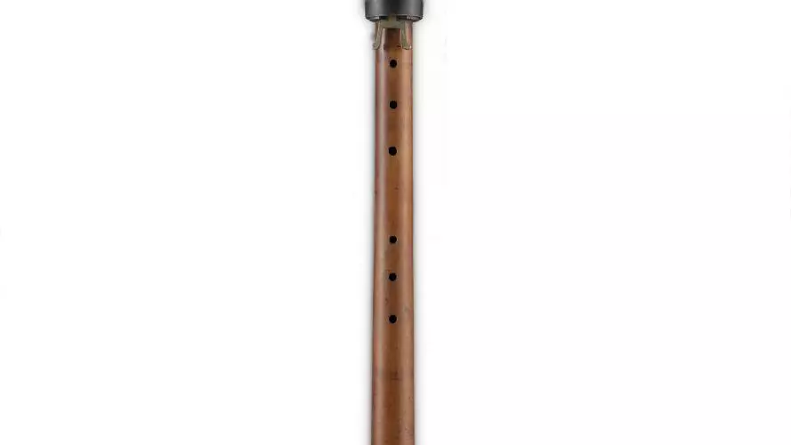 Bassano basset recorder made from a single piece of maple, with a long cylindrical body, decorative key cover (fontanelle), and the Bassano family's distinctive moth maker's mark near the bell.